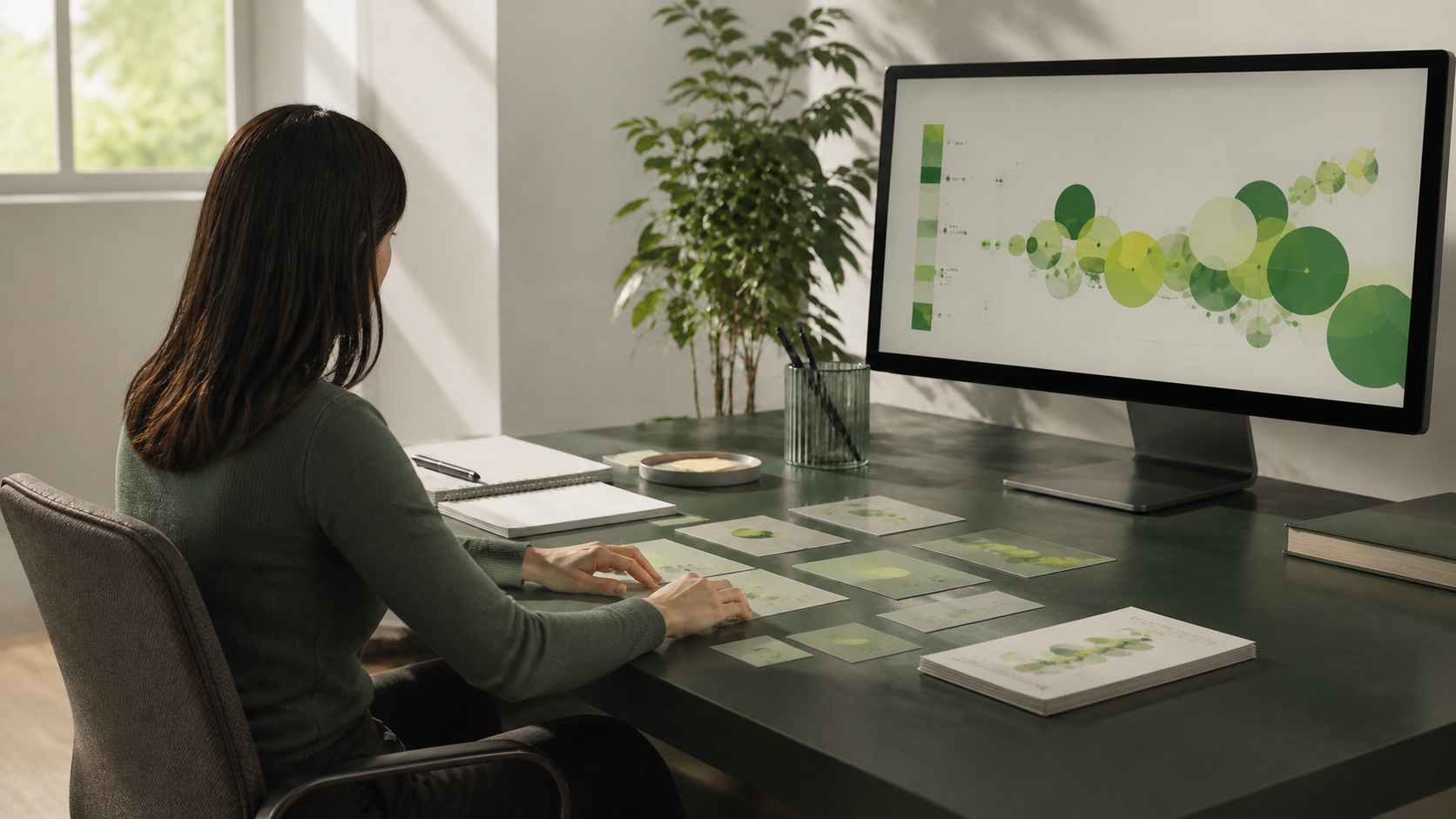 Seated strategist working at an AI-assisted media planning desk