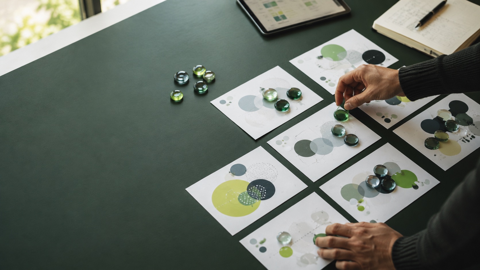 Hands arranging audience research cards on a strategy table