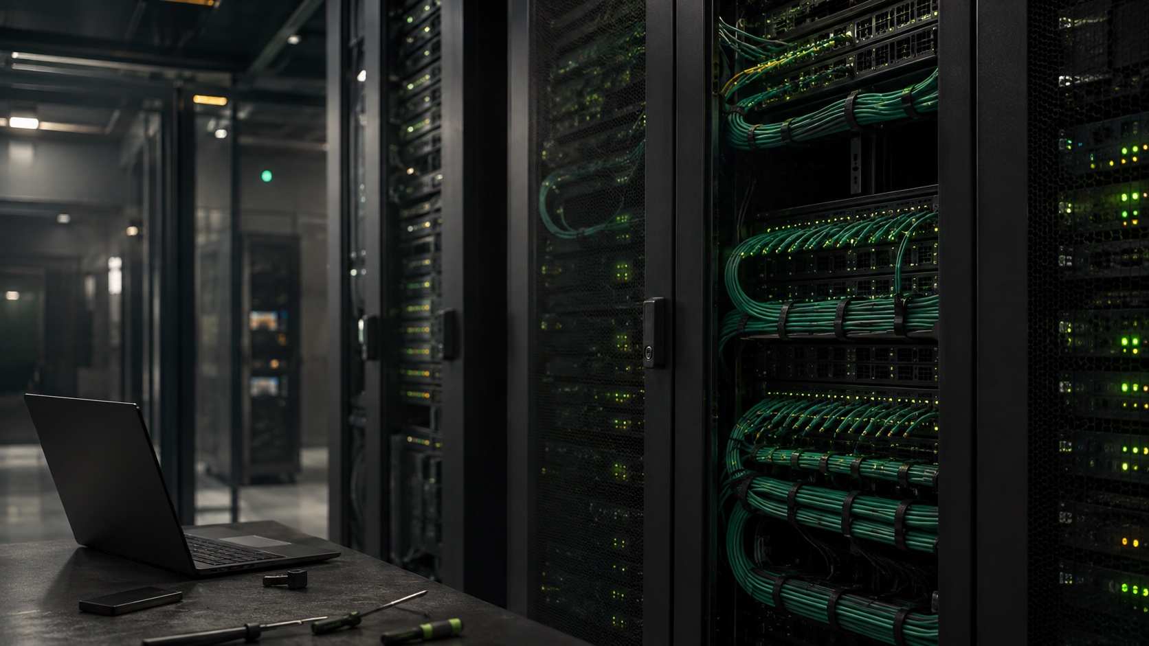 Orderly data infrastructure with green status lights